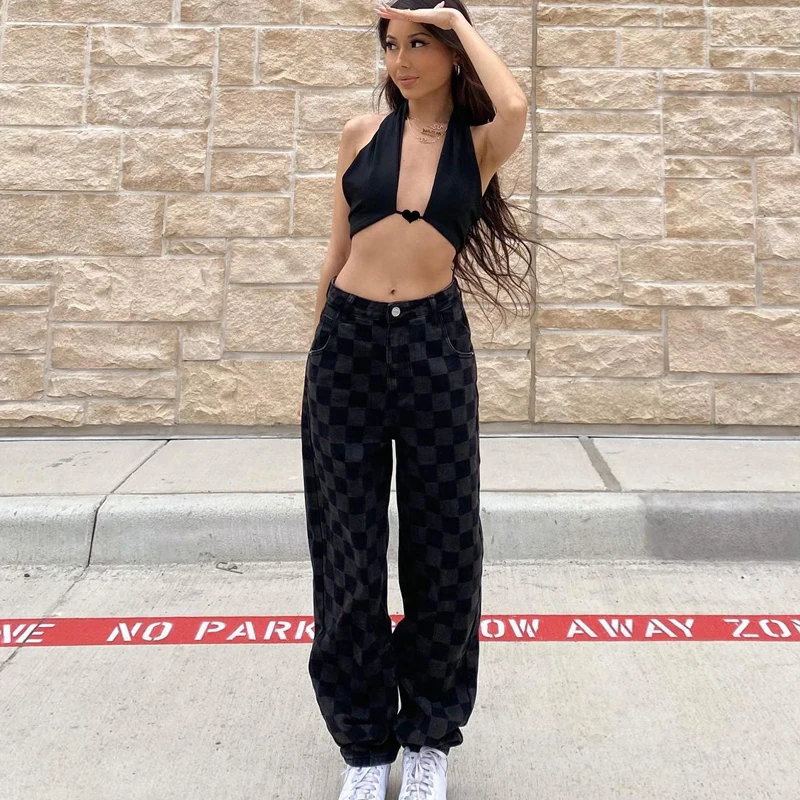 Long Plaid Pants for Women, High Waisted, Wide Leg Trousers, Button, New Arrivals, 2024 Summer and Autumn, P155144A