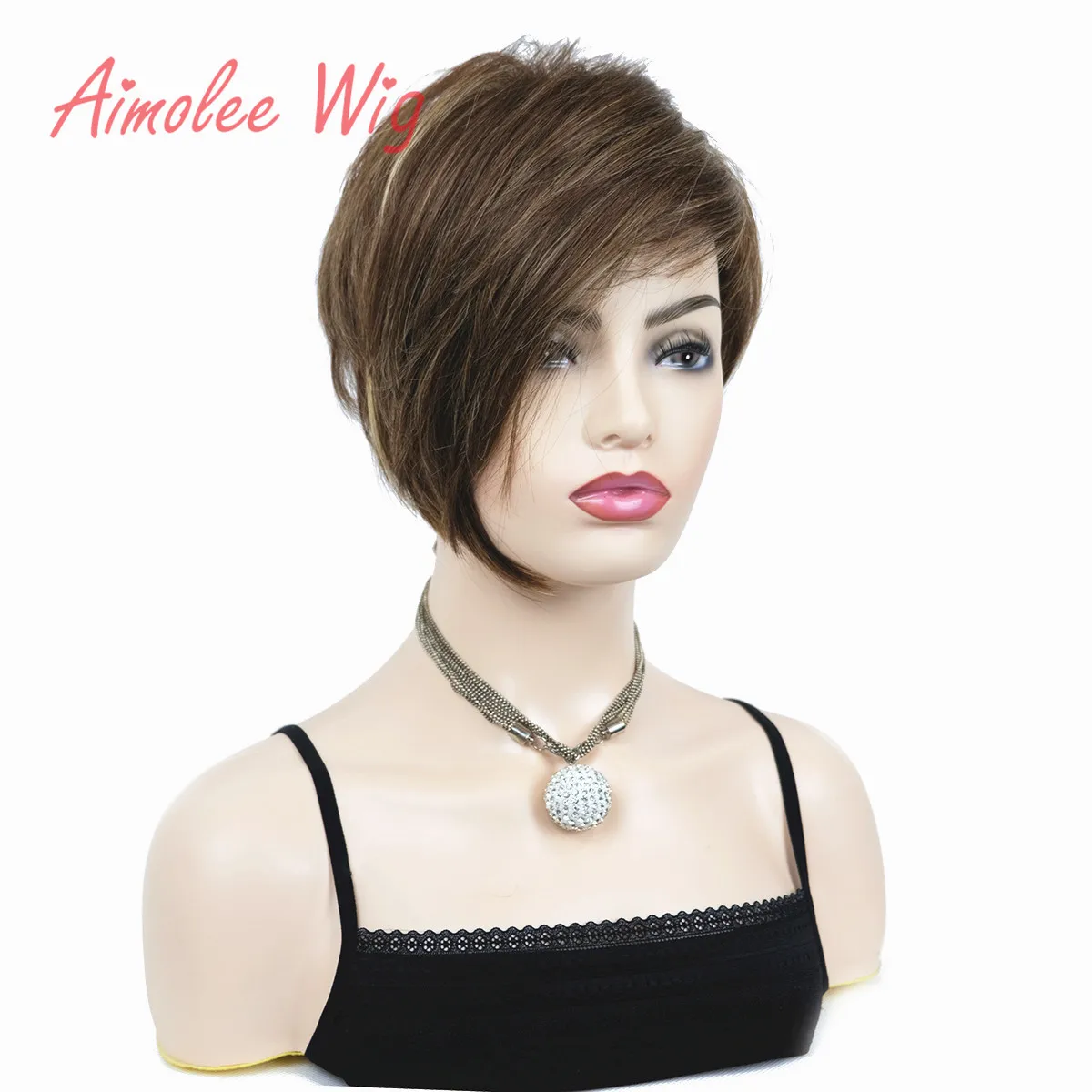 Aimolee Women\'s Wigs Caramel/Brown Asymmetric Inclined Bangs Short Straight Bob Natural Synthetic Wig