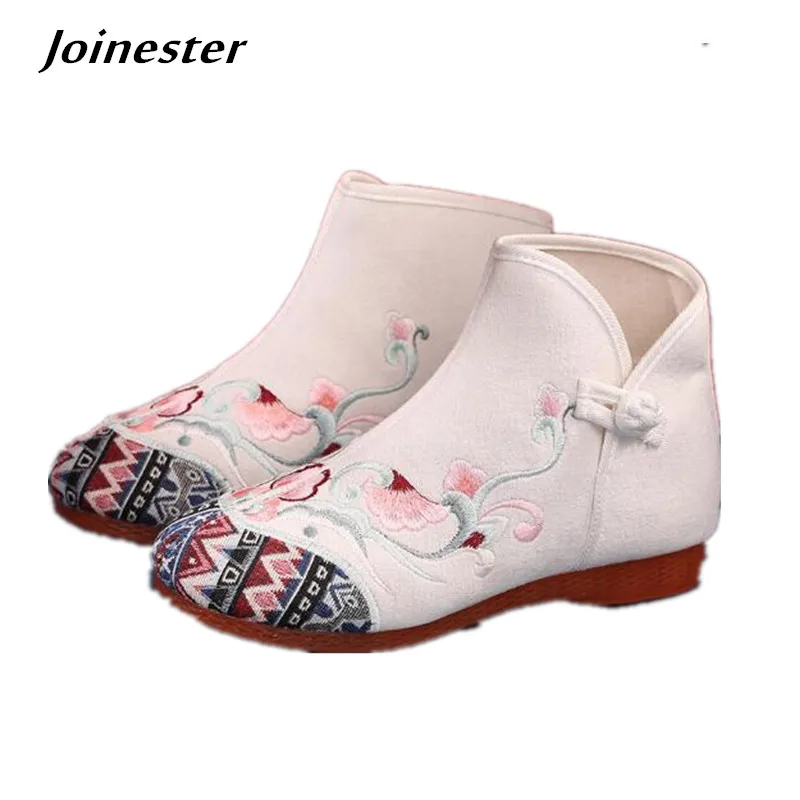 Women Autumn Ankle Boots Embroidery Short Booties for Woman Martin Shoes Vintage Button Dance Boot Ladies Canvas Casual Shoe