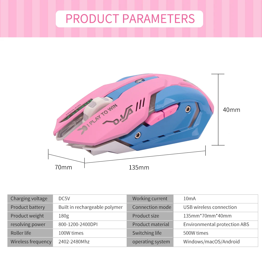 Rechargeable Wireless Mouse Silent Mouse Pink Luminous DVA Computer Gaming Mouse 2400DPI for PC Notebook Computers RGB Light