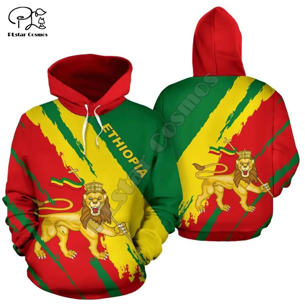 Hoodie 3D Gambar Penuh Ethiopia Pria Wanita Kaus Berbendera Negara Lucu Ritsleting Lengan Panjang Berkerudung Mode Pullover Singa Uniseks