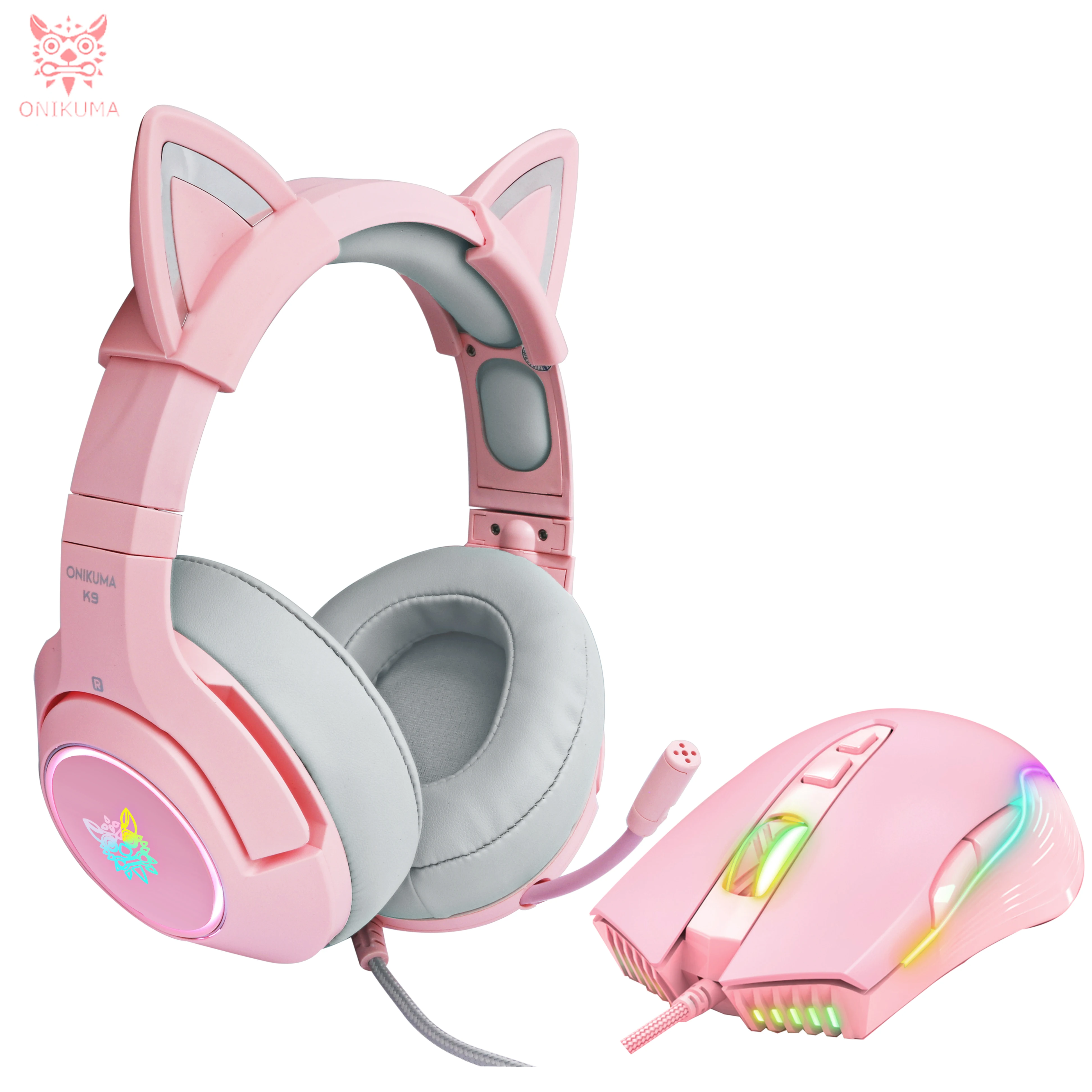 Pink Cat Ear Headset +mouse， 7.1 Stereo Deep Bass Wired Gaming Headphones with Mic LED Light for Laptop/ PS4/Xbox One for girls