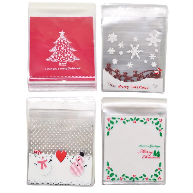 50pcs 10*10cm Christmas Cartoon Candy Bags Self-adhesive Plastic Cookie Bag Xmas New Year Snack Package Gift Bags Kids Favors