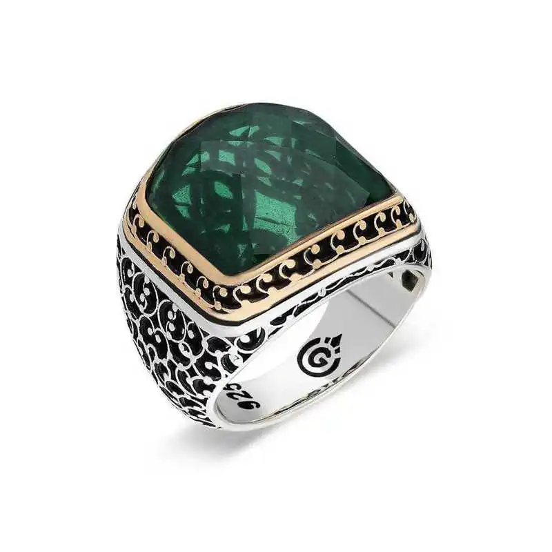 Silver Green Zircon Stone Men's Ring - 925 Sterling Men's Jewelry Wedding Birthday Gift - Box - Zircon Stone - Men - Fashion - Botiva - Size - Turkish - Patterned Embroidery