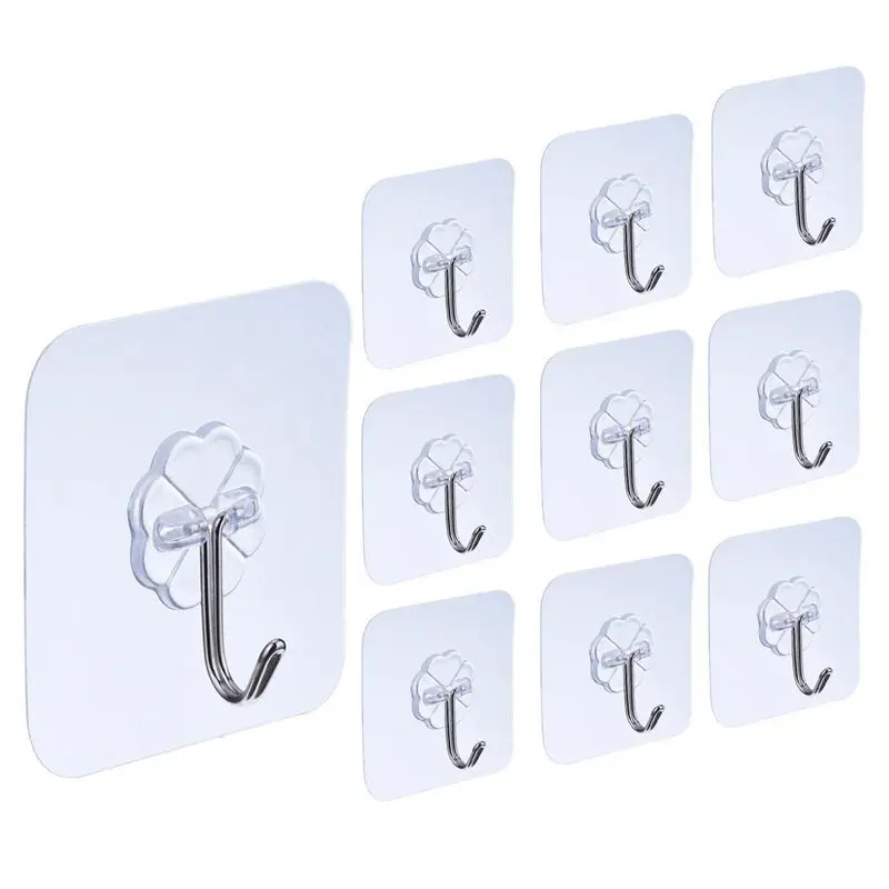 10 Packs Reusable Adhesive Hooks,Transparent Heavy Duty Wall Hooks with No Scratch, Waterproof and Oilproof for Bathroom, Bedr