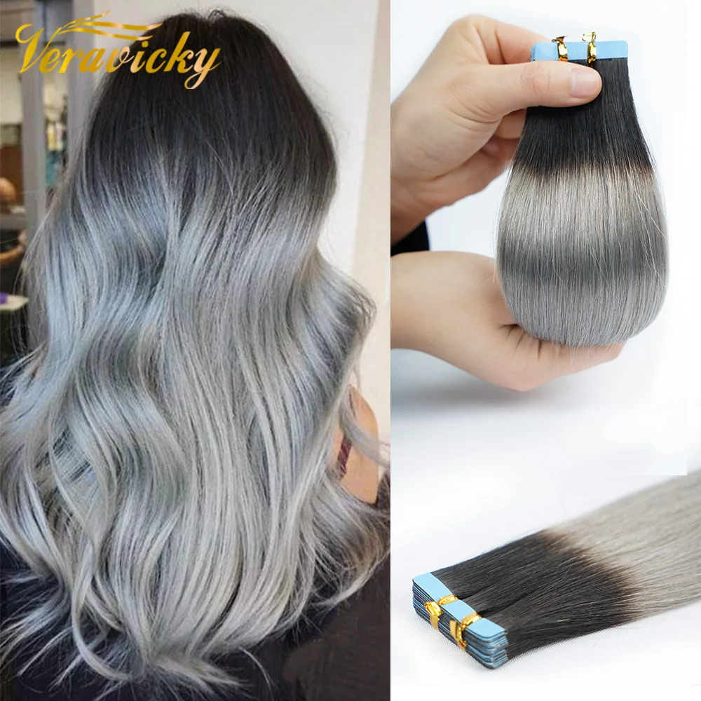 

Ombre 1B Grey Black Roots Color 50G Tape in Extensions Human Hair Machine Remy Skin Weft Real Hair Extensions Tape Hair 16 to 24