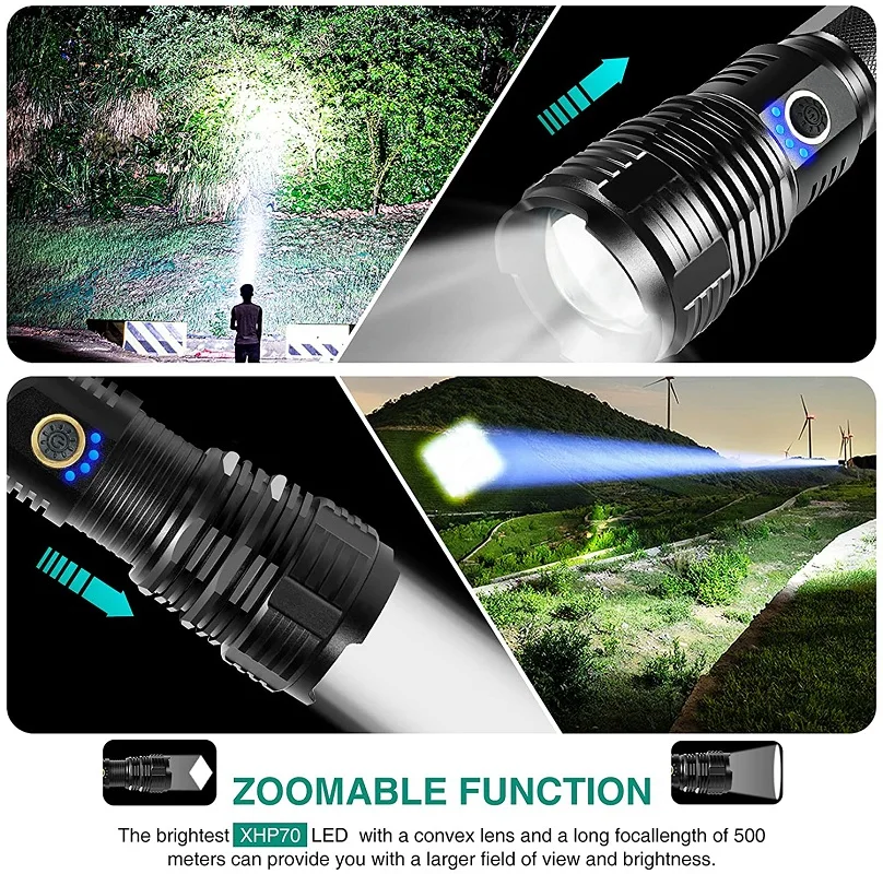 XGardens-Lampe de poche zoomable aste par USB, torche étanche, lampe de poche de camping, 70 LED, 50 LED, nouveau