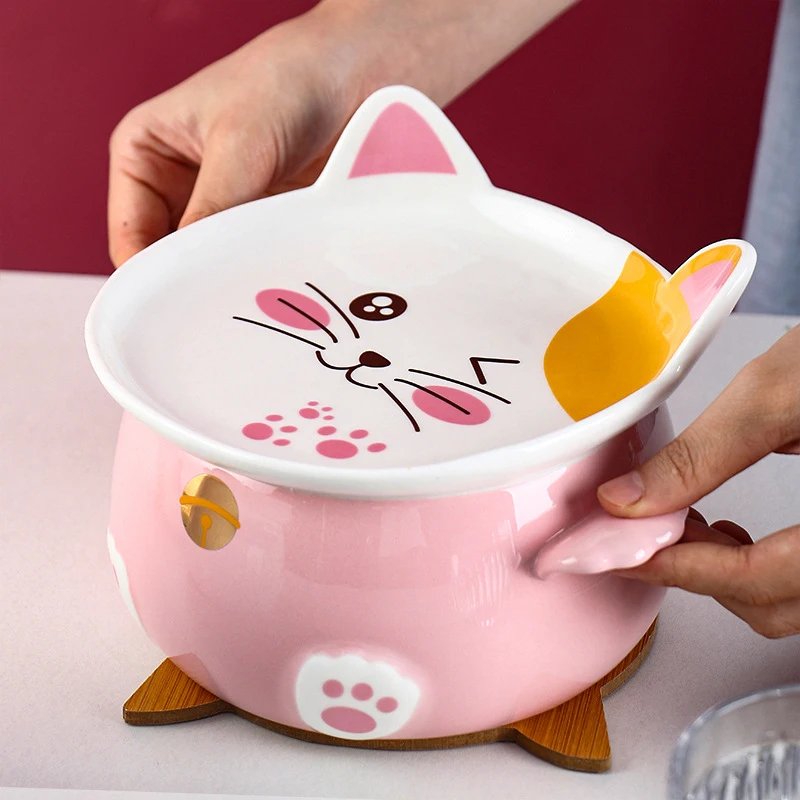 Kawaii Cat Ramen Bowl With Chopsticks Lid Spoon Plate Ceramic Cute Kitchen Salad Fruit Instant Noodle Rice Large Bowl Tableware