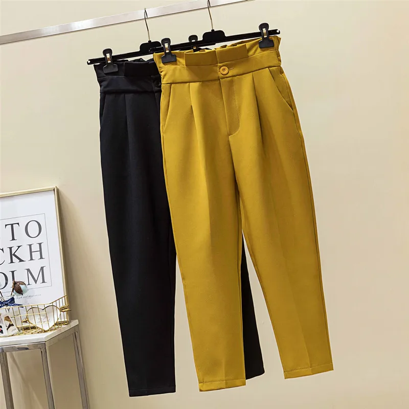 Women Suit Pants Spring Autumn Elastic Waist Casual Ankle-length Trousers Elegant Office Ladies Pencil Pants Yellow 4XL W1963