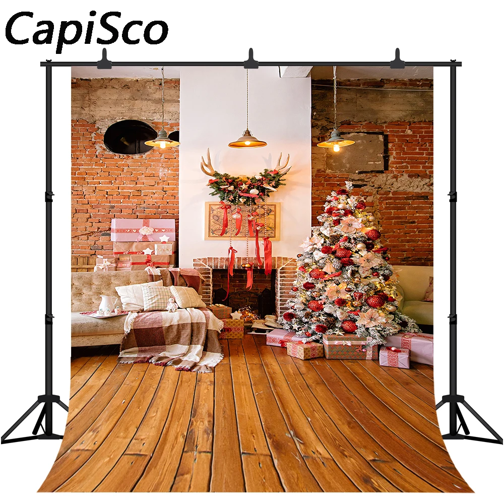 Capisco Photography backdrop Christmas tree brick fireplace retro brown wood floor background photo studio photocall props