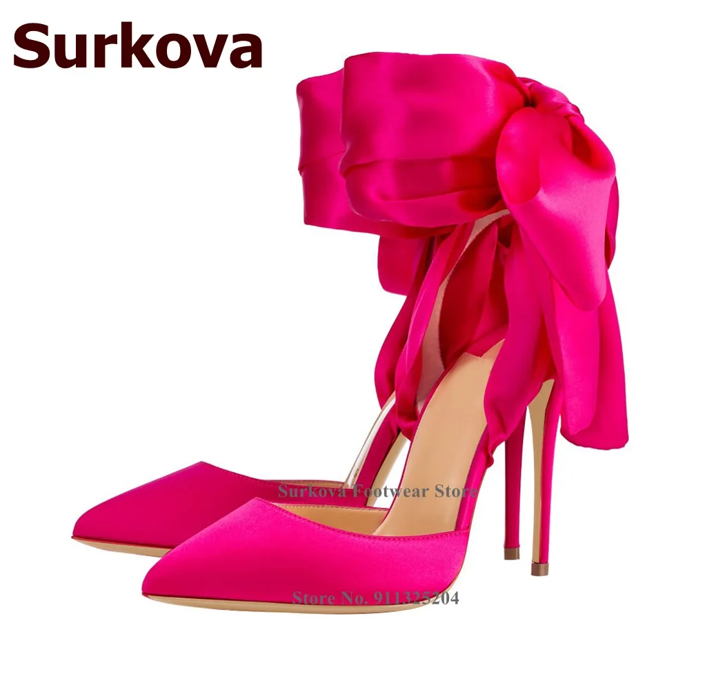 

Surkova Hot Pink Red Silk Fabric Wedding Shoes Big Bowtie Lace-up High Heel Pumps Shallow Butterfly-knot Party Shoes Size46