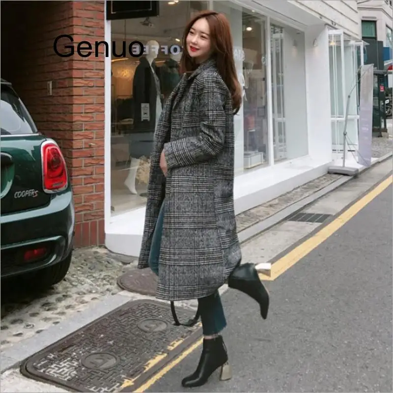 Women Wool Coat Plaid Women Loose Long Single Breasted Woolen Coats Spring Coat Woolen Overcoat Autumn Wool Jackets Trench