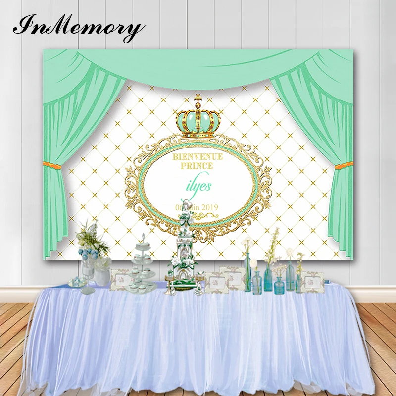 

InMemory Little Prince Photography Background Baby Shower Light Green Curtain Crown Birthday Backdrop For Photo Studio Photocall