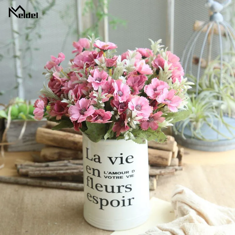 Meldel Mini Bouquet Artificial Fake Flower 15 Heads Silk Milan Bunch Flower Arrangement Wedding Party Home Festival Table Decor