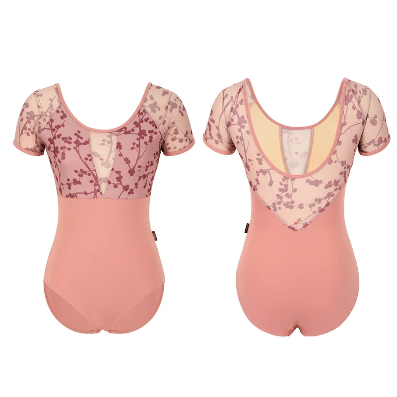 Korte Mouwen Ballet Turnpakje Voor Vrouwen Sexy Uitsparing Splice Gedrukt Mesh Gymnastiek Praktijk Maillots Volwassen CC2077D