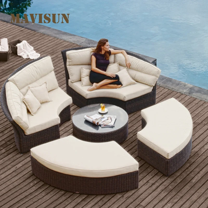 Villa Garden Balcony Rattan Sofa Swimming Pool Round Bed Leisure Table And Chair Combination Outdoor Furniture Set