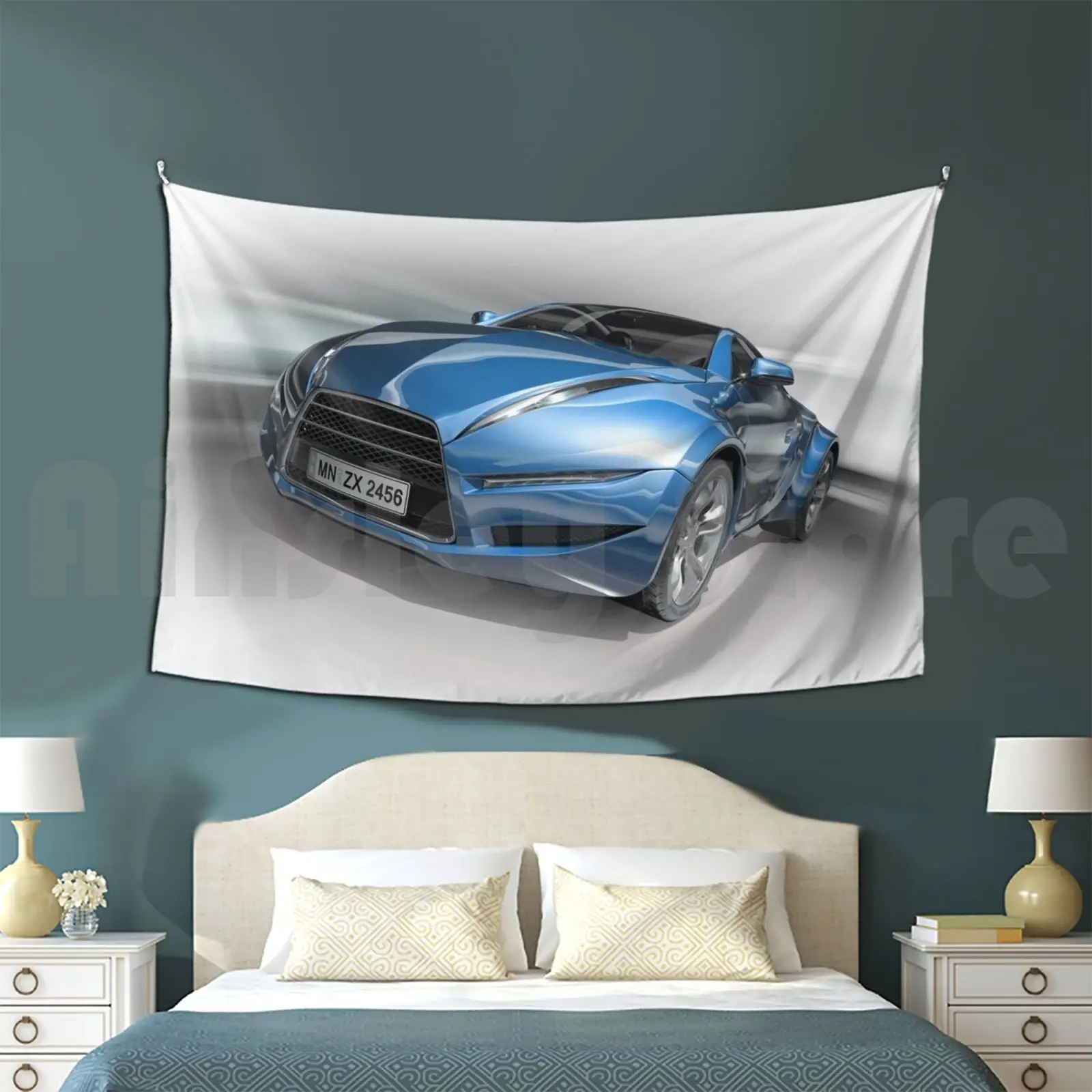 Blue Sports Car Tapestry Living Room Bedroom Blue Sports Car Speed Fast Street Road Cgi