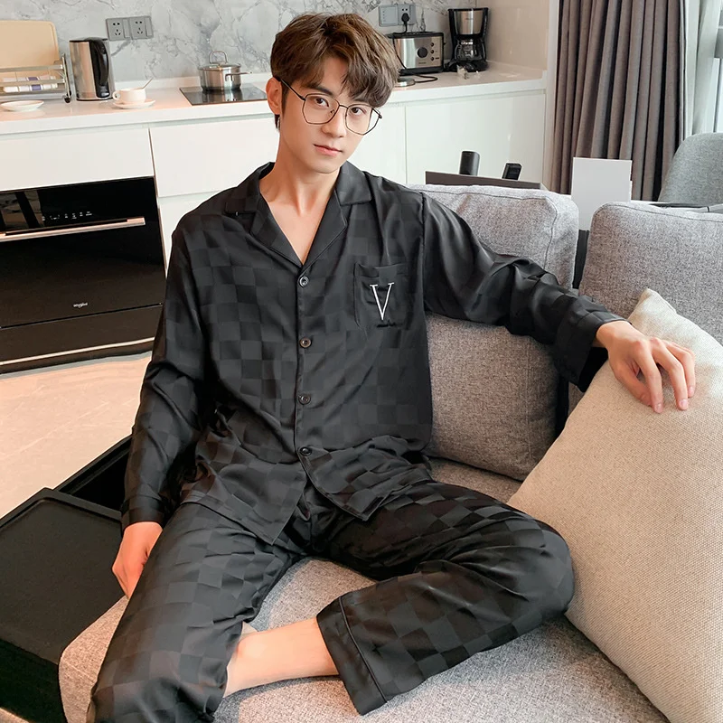 Lisacmvpnel New Men Pajamas Spring And Autumn Ice Silk Long Sleeve Home Clothes Jacquard Large Size Casual Pyjamas