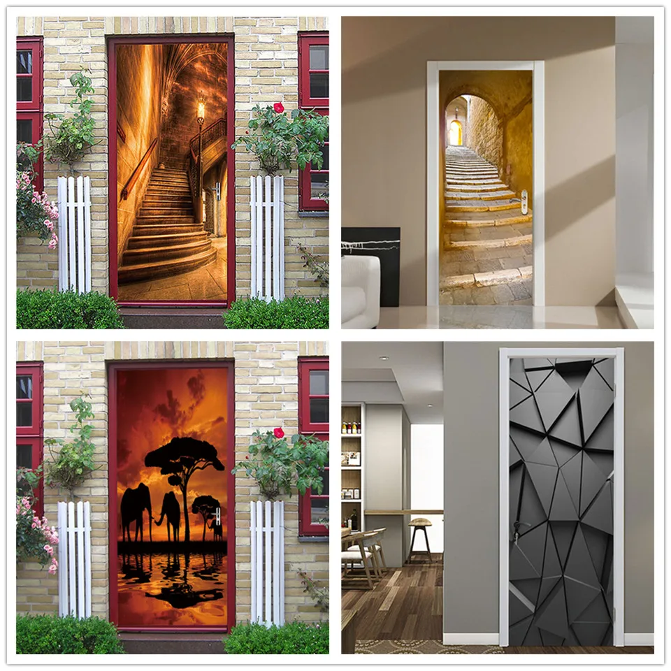 2PCS/SET 3D View Stair Door Wallpaper Self-adhesive Waterproof Posters DIY Vinyl Wall Sticker Mural Decals Home Decor deurposter