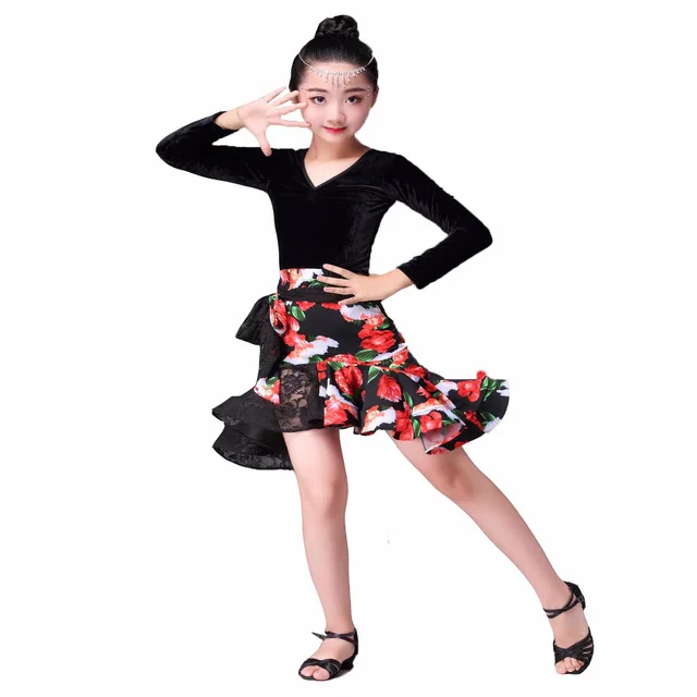 2020 New Pattern Children's Pleuche Long Sleeve Latin Skirt with Print and Lace Autumn 110-160 cm Free Delivery