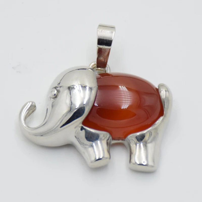 Fashion Silver Color Cute Animal Elephant Natural Stone Crystal Bead Pink Quartzs Tiger Eye Necklace Pendant for Women Men Charm