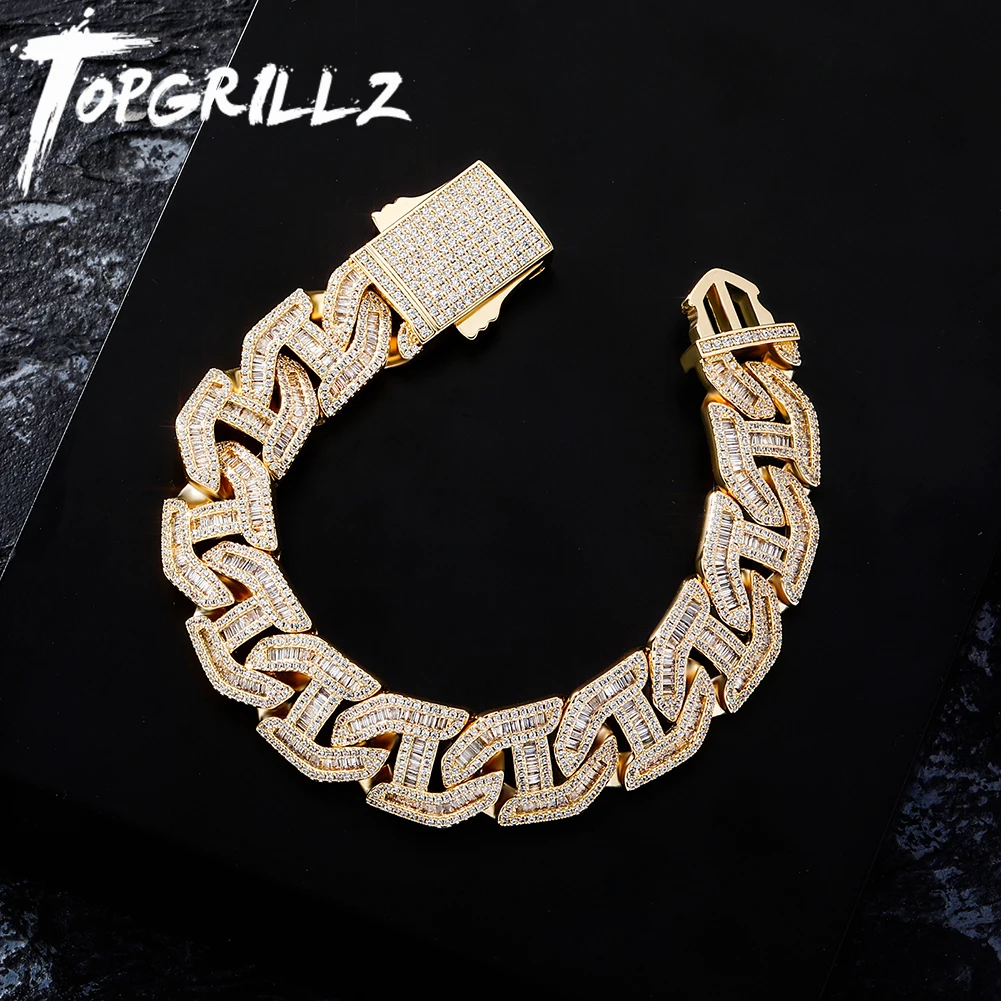 

TOPGRILLZ Mens Bracelet 16mm Prong Baguette Curb Chain High Quality Iced Cubic Zirconia Hip Hop Rapper Luxury Jewelry Gift Party