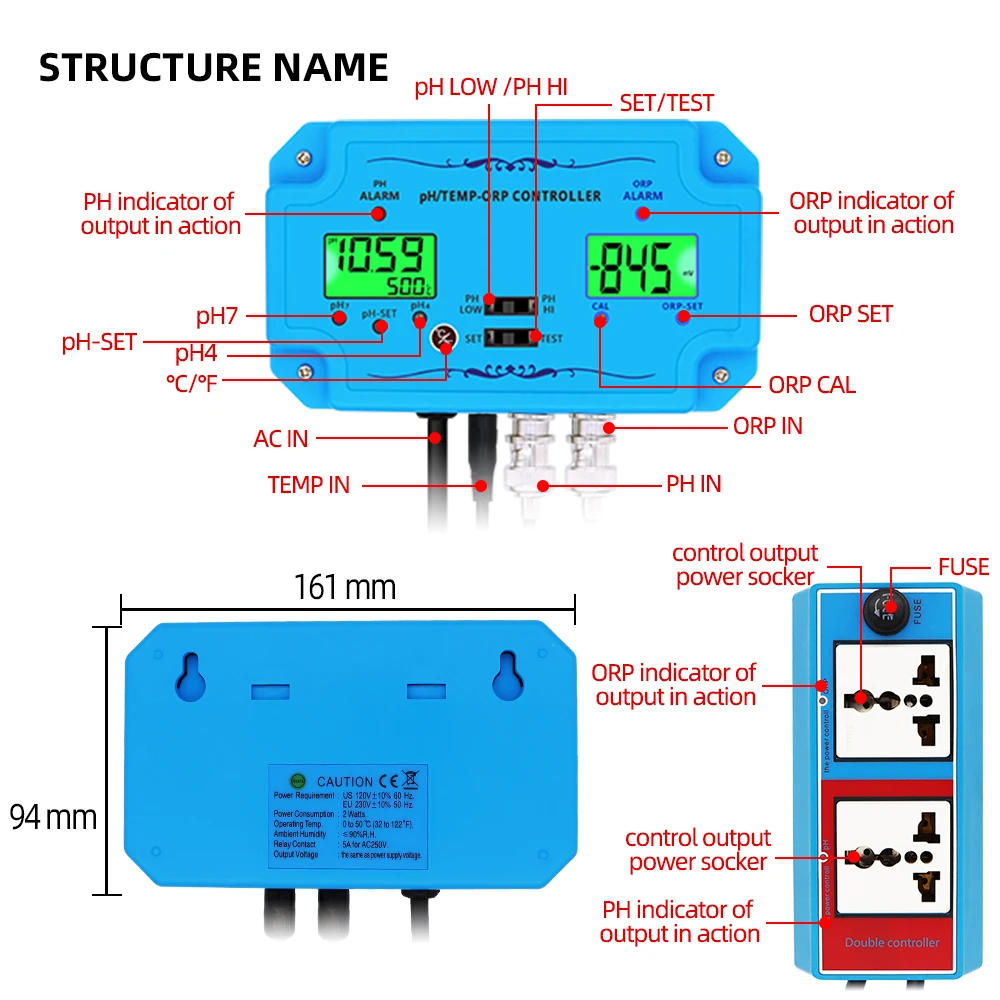 PH EC TDS Meter ORP TEMP Controller Water Quality Detector BNC Type Probe Water Quality Tester for Aquarium Pools Drinking Water