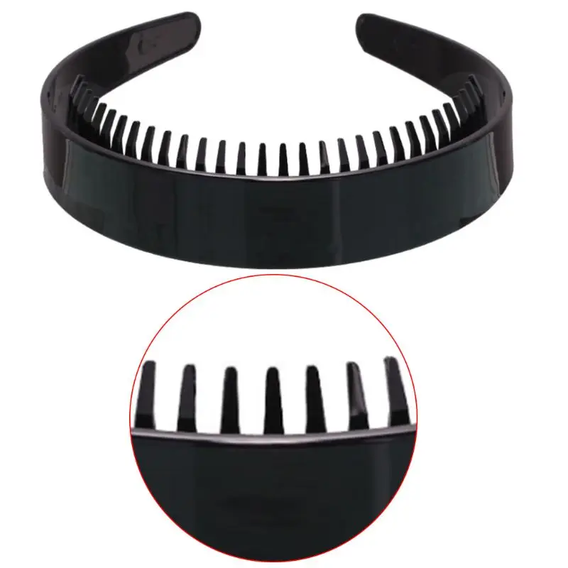 Women Girls 2.5cm Wide Plain Headband with Non-Slip Teeth Comb Shiny Black Plastic Hair Hoop DIY Styling Makeup Headwear