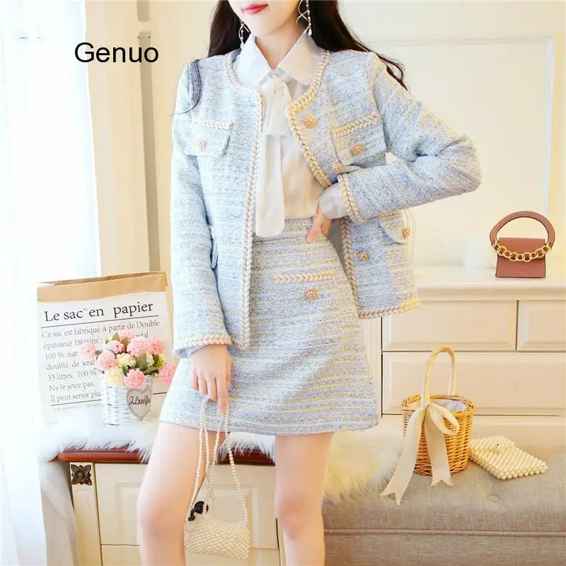 

Autumn And Winter New Temperament Plaid Tweed Suit Women Single-breasted Pocket Jacket Coat+Mini Skirt 2 Piece Set 2019