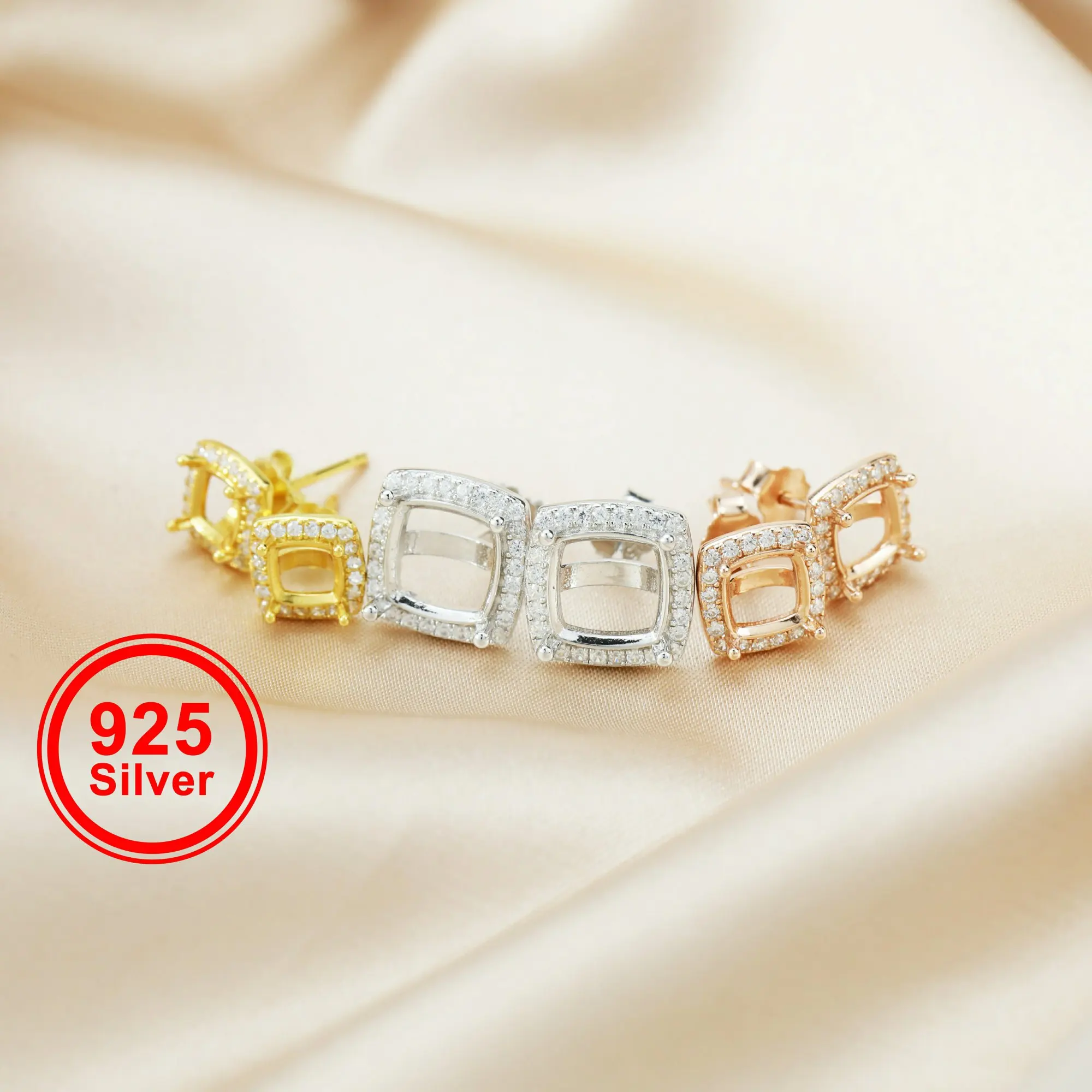 

8-8MM Cushion Square Prong Bezel Studs Earrings Settings Solid 925 Sterling Silver Rose Gold Plated Halo Earrings 1706080