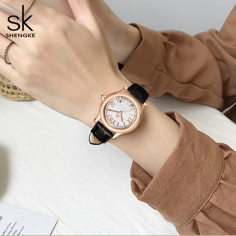 Shengke New Quality Leather Watch For Women Japanese Quartz Movement Relogio FemininoWith Calendar Moving Crystal On Dial