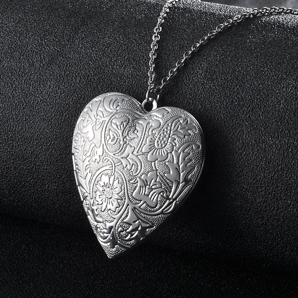 2Pcs/lot Big Heart Photo Frame Locket Box Copper Gold Color Steel Color Tone Necklace For Man Woman Vintage Jewelry Necklace