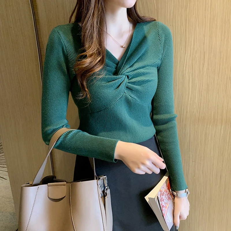 JMPRS Sexy V Neck Women Sweater Fashion Long Sleeve Knitted Pullover Jumper Slim Autumn Elastic Soft Female Knotted Basic Top