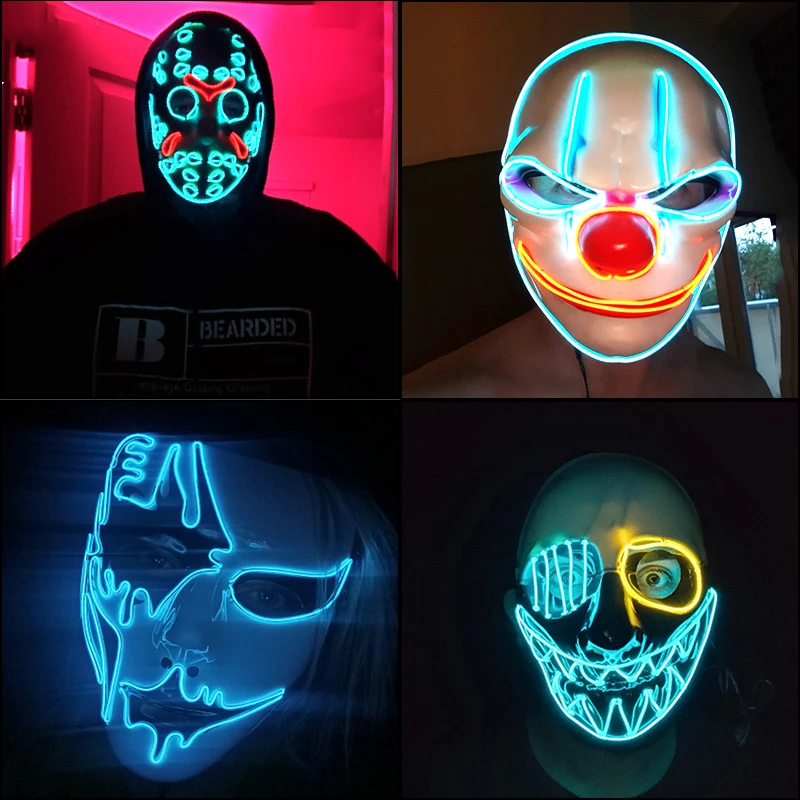 2024 Fashion LED Luminous Mask Carniva Halloween Mask LED Light Up Party Mask Festival Glow Party Mask Supplies Glow in the Dark