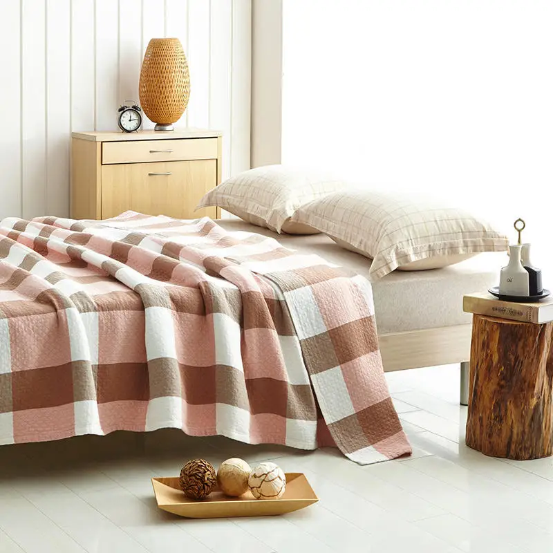 red plaid stone wash percale cotton bedspread throw blanket for summer