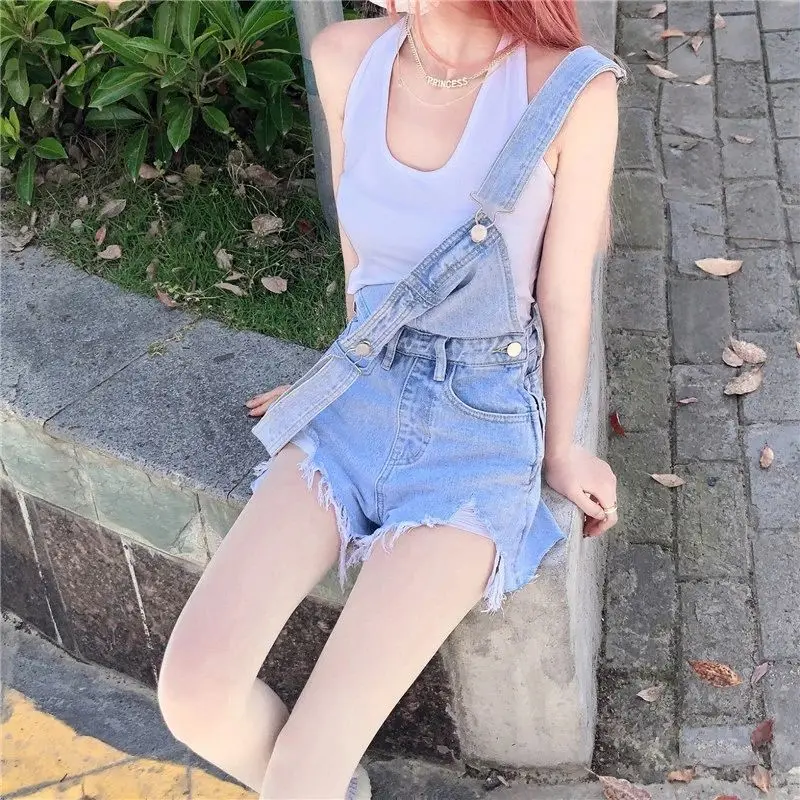 Rompers Women Hot Girls Streetwear Sexy Ripped Vintage Summer Fashion All-match Teens Denim Wide-leg Korean Style BF Female Chic