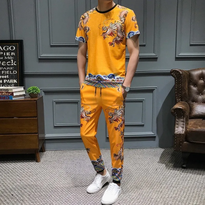 

Fit Summer Slim 2-piece Set Harem Pants Men Casual Men Dragon Printing T Shirt Mens Joggers Hip Hop Men Clothes Short Mens