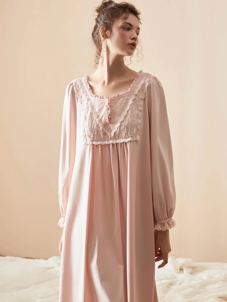 Hanxiuju Vintage Embroidery Long Nightgowns For Lady Spring Autumn Long Sleeve Elegant Delicate Loose Nightshirts Homewear