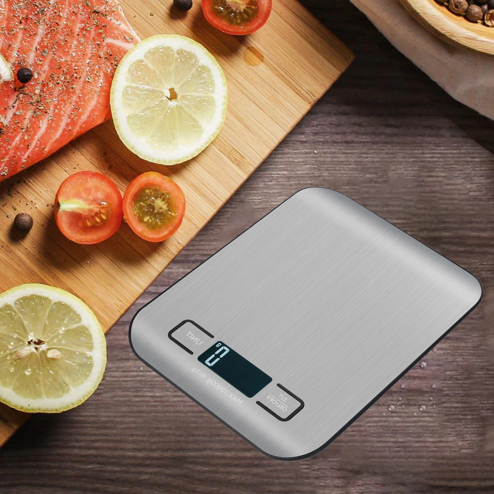 Báscula de cocina recargable, balanza electrónica de acero inoxidable con pantalla LCD, herramientas para hornear, pesaje de aperitivos y alimentos, joyería para el hogar, 5kg