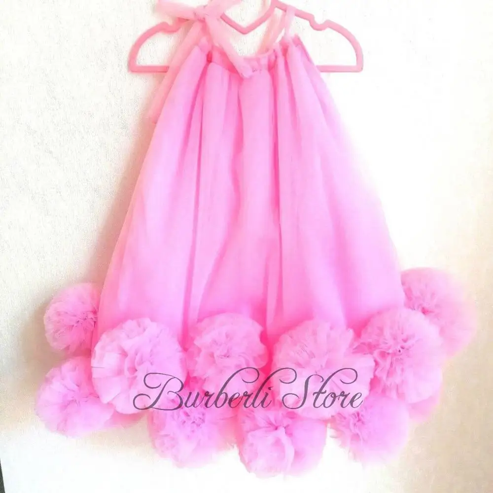 

Cut Pink Sleeveless Ruffles Tulle Kids Short Dresses Pretty Flower Dresses For Girls Knee Length Girls Communion Dress Summer