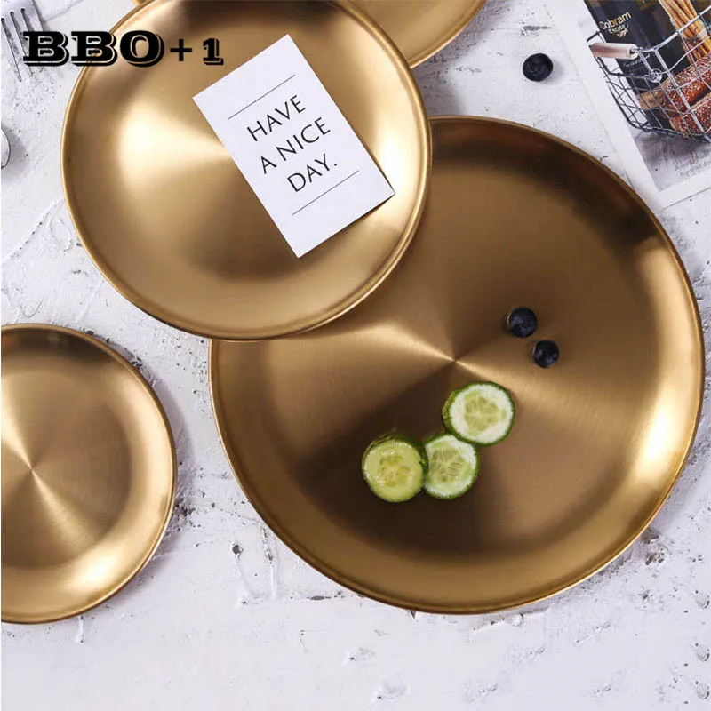 

4pcs Gold Wedding Plates Round Bread Dishes Luxury Dinnerware Disc Stainless steel Dessert Snack Serve Plate Nordic Tableware