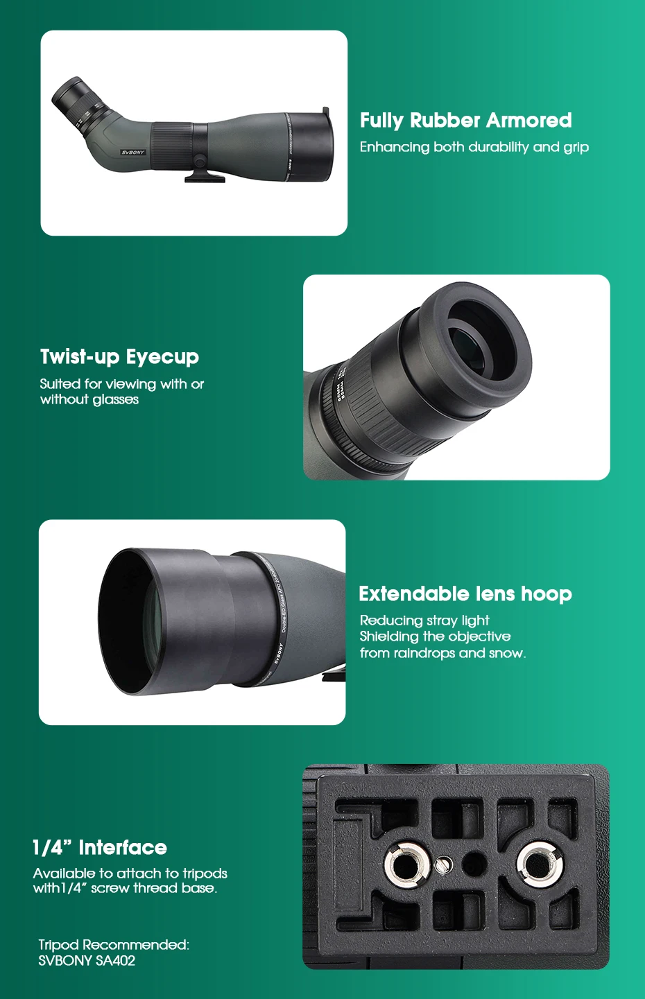 Svbony SA401 APO Spektiv 20-60X85/25-75X100 ED Teleskop Leistungsstarkes wasserdichtes Campingausrüstung Vogelbeobachtungsteleskop – Detail 15