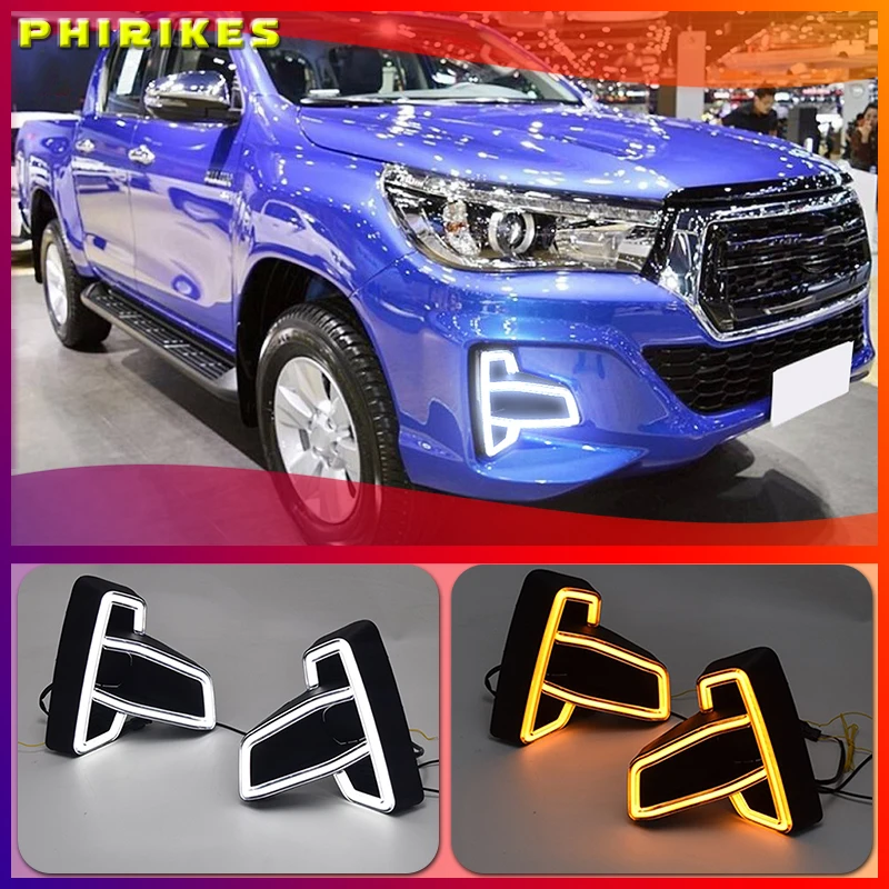 

1 Set For Toyota Hilux Revo Rocco 2018 2019 DRL LED Daytime Running Lights Diglight ABS Fog lamp Cover With Turn Yellow Signal