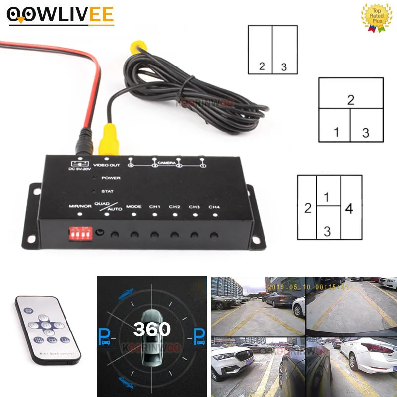 OOWLIVEE pomoc w parkowaniu samochodów wideo skrzynka z przełącznikami 4 kanały sterowania Split 12v dla tylna kamera samochodowa z przodu widok z
