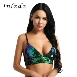 Womens Lingerie Pole Dance Top Dazzling Glittery Sequins Festival Rave Clothes Wire-free Pad Bra Top for Raves Dances Clubwear