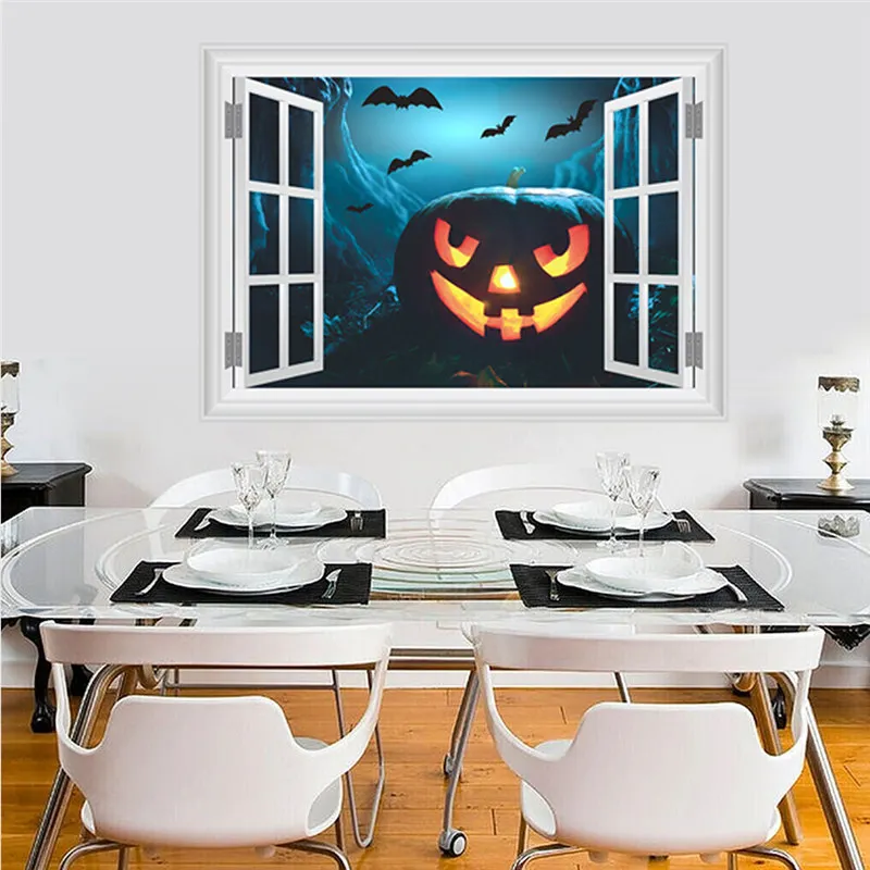 Halloween Pumpkin Jack-o'-lantern 3d Window Wall Stickers For Home Decoration Diy Festival Mural Art Kids Room Wall Decal