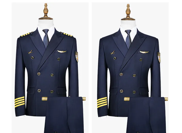 Men\'s 4 Lines Airline Pilot Suit Jackets Uniforms Hair Stylist Black Navy Blue Suit Coat Workwear Big Size Male