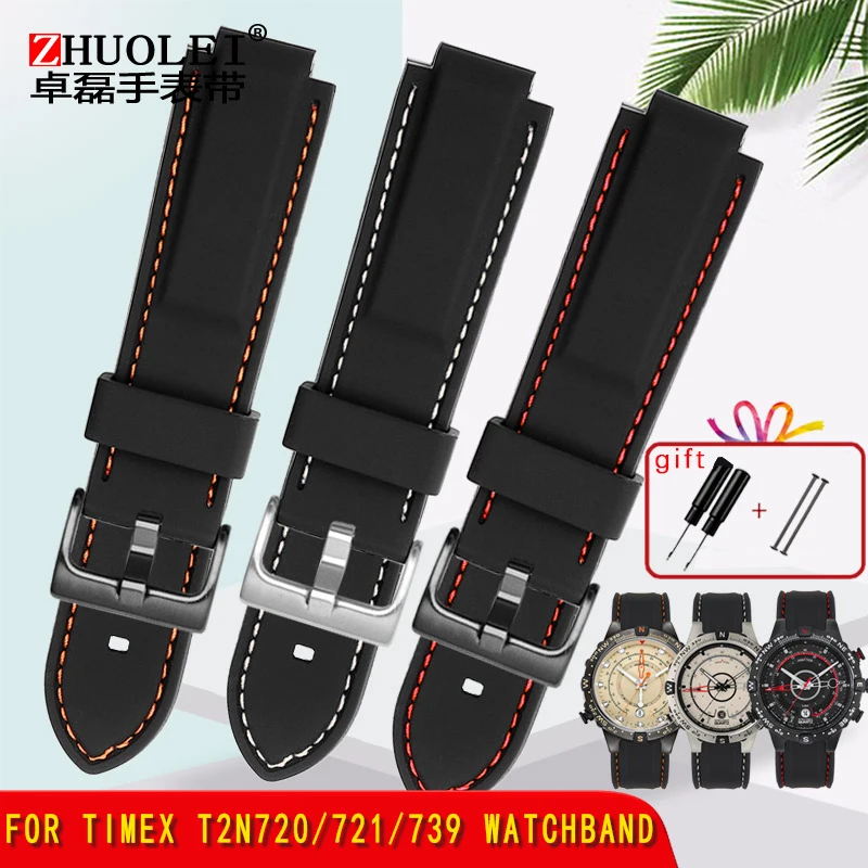 for men\'s Timex E-tide Compass T2N720 T2N721 TW2T76300 waterproof soft Silicone Rubber Watchband  strap with tools Screw pins