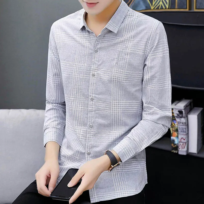 Spring Men's Casual High Quality Formal Wear Business Slim Square Collar Sweater Loose Handsome Lattice Personality Long Sleeve