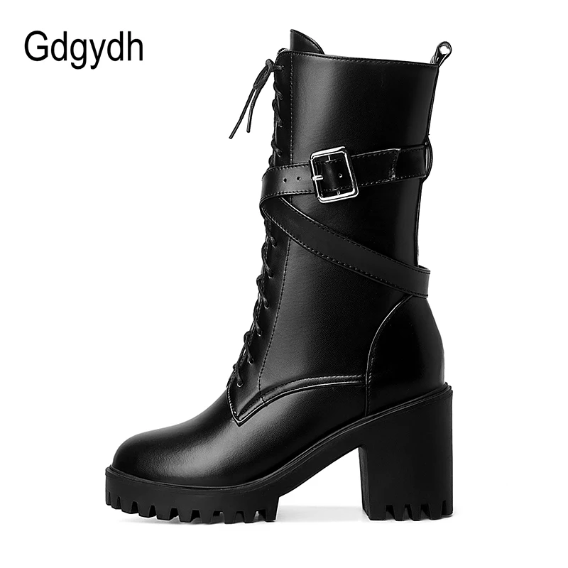 Gdgydh Women Mid-calf Boots Round Toe Thick High Heel Platform Shoes Soft Leather Punk Female Motorcycle Boots Plus Size 34-43